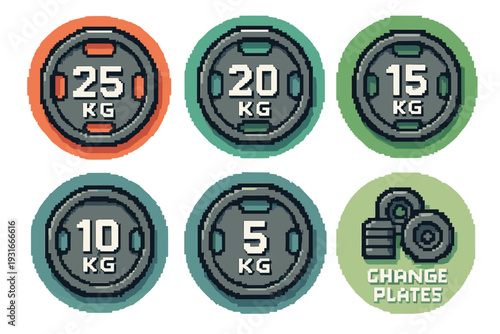 Pixel Art Olympic Bumper Weight Plates Icons Set 25kg 20kg 15kg 10kg 5kg Change Plates