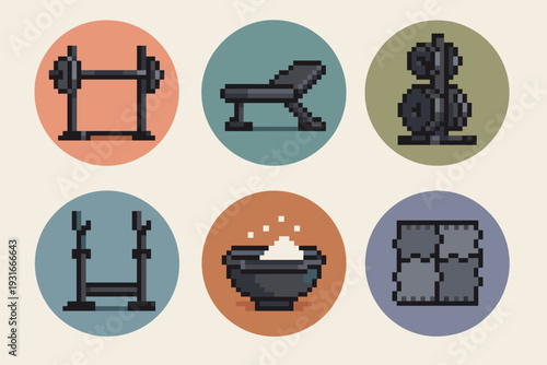 Pixel Art Gym Equipment Icons Set – Squat Rack, Bench Press, Dumbbell Rack, Power Rack, Chalk Bowl, Gym Mats, Retro 8-Bit Fitness Setup