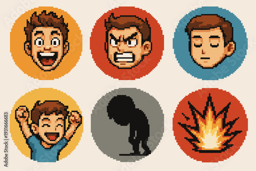 Pixel art emotion icons set with happy, angry, calm faces, celebration, sadness and explosion
