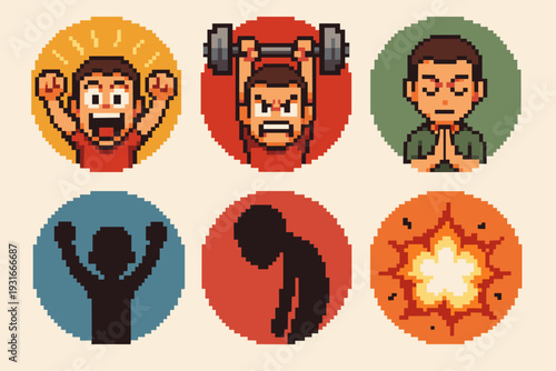 Pixel Art Gym Emotion Icons Set: Victory Pump Effort Pray Fail Success Explosion