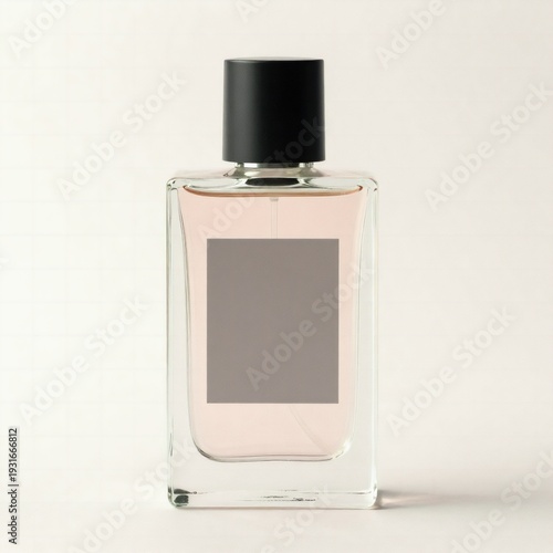 Rectangular glass perfume bottle containing pale pink liquid features a dark gray mockup label and a black stopper against a soft light background.