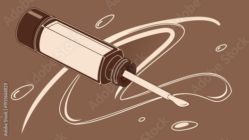 Nail polish bottle with brush and spilled liquid.