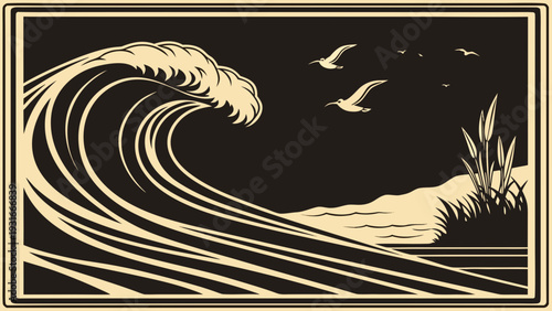 Ocean wave with seagulls and coastal plants in a vintage woodcut style.