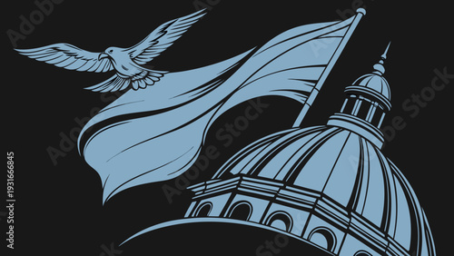 Peace dove and flag over a government building dome.