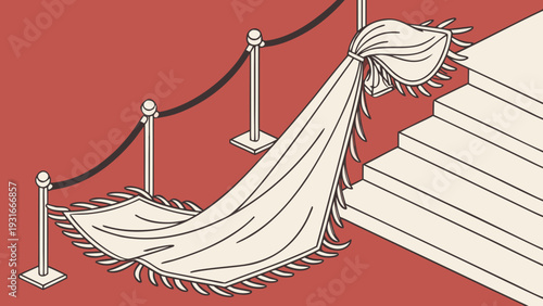 Elegant Red Carpet and White Fabric Draped Over Stairs.