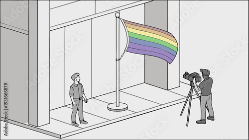 People filming a rainbow flag waving on a flagpole outside a building.