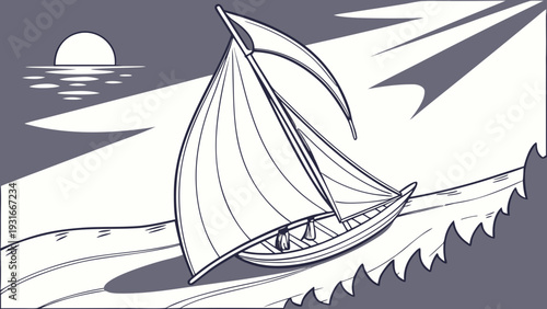 Sailboat on the water at sunset in a minimalist line art style.