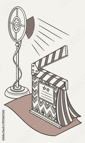 Movie Clapperboard and Vintage Film Projector Illustration.