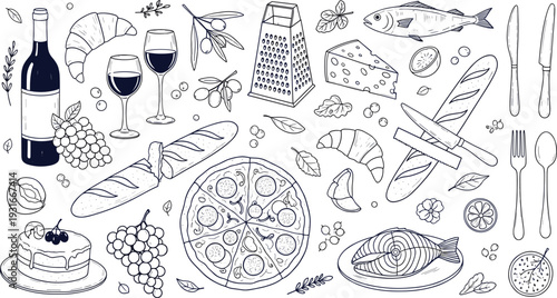 Gourmet food and wine doodle vector set with pizza bread fish and restaurant hand drawn illustration