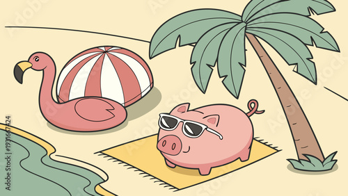 Piggy Bank Relaxing on Beach with Flamingo Float and Palm Tree.