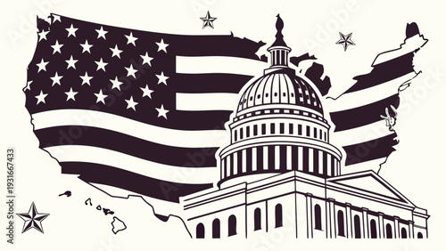 United States Capitol Building and American Flag Map.