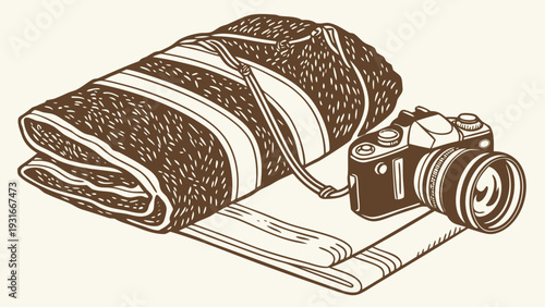 Vintage camera and blanket for travel.