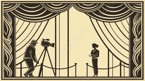 Vintage Film Set with Cameraman and Actress.