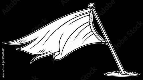 White Flag Waving in the Wind Hand Drawn Illustration.