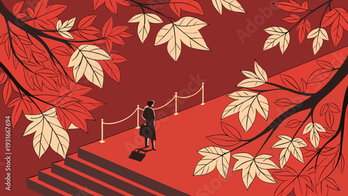 Woman admiring autumn foliage on a path with railings surrounded by red and white maple leaves.