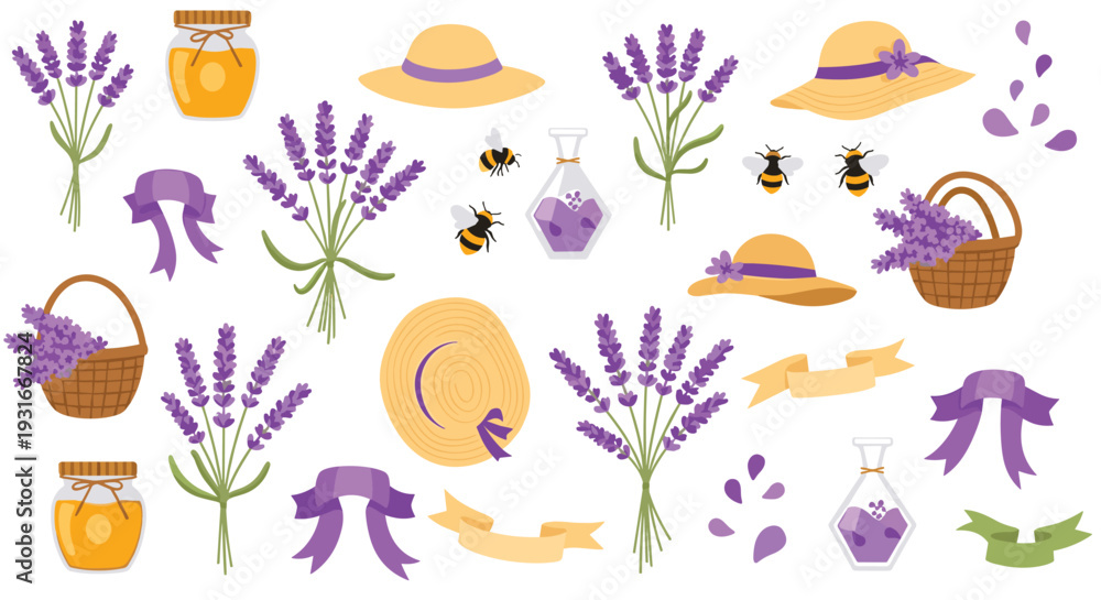 Obraz premium Charming Lavender Harvest Collection with Bees Hats Jars and Ribbons for Rustic Countryside Charm