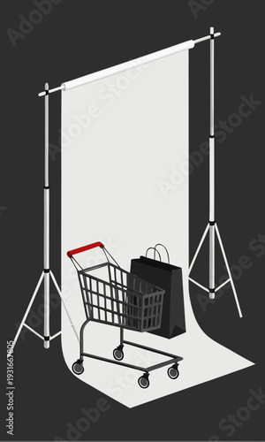 Shopping cart and bag in a studio setup.