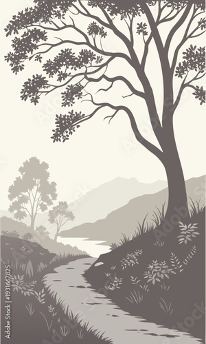 Serene Path Winding Through a Tranquil Landscape with Majestic Trees.