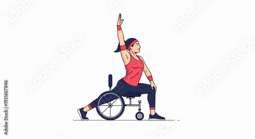 Woman in wheelchair performing yoga pose, stretching arm upward, demonstrating active lifestyle and strength. Figure inspires wellness through dedicated wheelchair yoga,