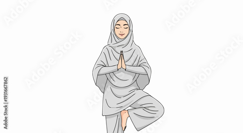 Muslim woman yoga illustration demonstrating balance and peace, performing tree pose with hands clasped. Muslim woman yoga promotes mindfulness and spiritual connection, fostering inner harmony.