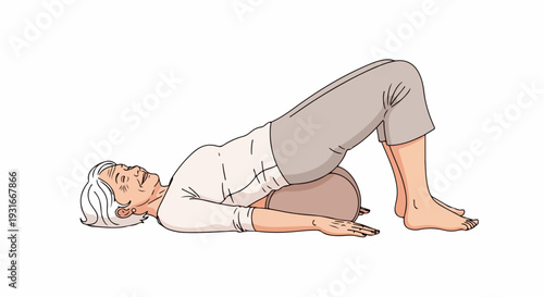 Senior exercise shows older woman performing bridge exercise, lying on back with bent knees and feet placed. Senior exercise involves lifting hips, strengthening core, cushion supporting lower back,
