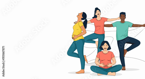 Diverse group practicing prenatal yoga, featuring pregnant woman and various participants in wellness poses. Gentle prenatal yoga promotes flexibility, mindfulness for expectant mothers,