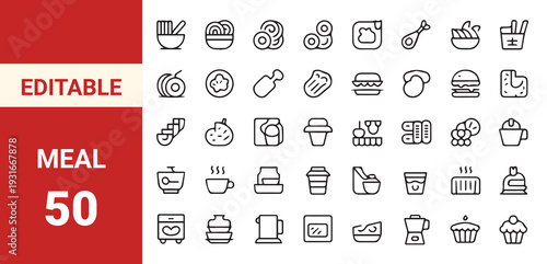 Food and kitchen line icons set isolated on transparent background with editable stroke. Kitchen utensils.