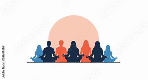 Silhouettes representing group meditation practice in serene setting. People sitting in lotus position symbolizing unity and mindfulness. Concept group meditation for wellness apps, spiritual blogs,