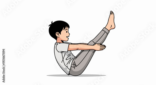 Illustration of boy performing yoga pose, demonstrating boat pose with strong core and balance. Yoga pose highlights body flexibility, mindful exercise, and practice routine.