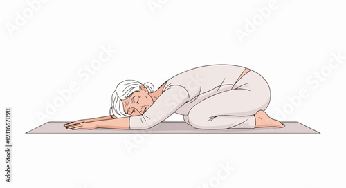 Elderly woman performs calming yoga pose, Child's Pose, on floor mat. Yoga pose helps with relaxation, flexibility, and stress reduction for healthy lifestyle.