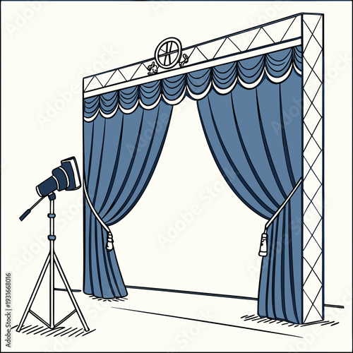 Stage with Blue Curtains and Spotlight.
