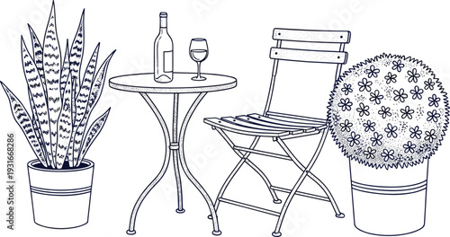 Outdoor cafe table and chair vector illustration with potted plants and wine line art scene