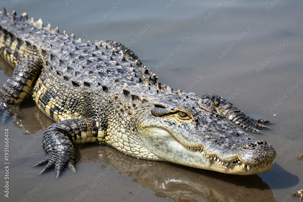 Fototapeta premium Close-up of a Large Crocodile Resting Partially Submerged in Shallow Muddy Water with Detailed Textured Skin and Sharp Teeth Visible