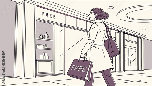 Woman walking past a FREE store with shopping bags in a mall.