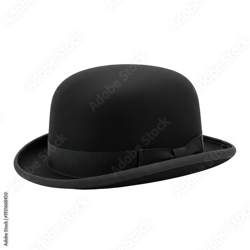 Black bowler hat with ribbon band isolated on transparent background