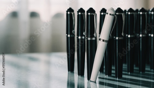 Row of black pens with one white pen standing out on reflective desk black sheep concept