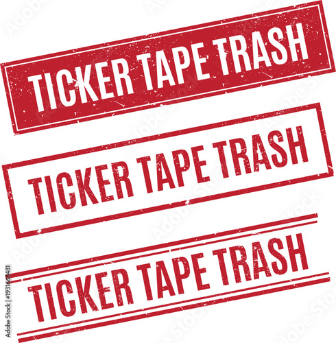 Weathered red rubber stamp collection with ticker tape trash text for stock market trading concept
