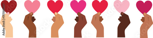 Vector illustration of diverse hands holding colorful hearts, symbolizing unity, love, diversity, inclusivity, acceptance, and emotional connection across cultures.