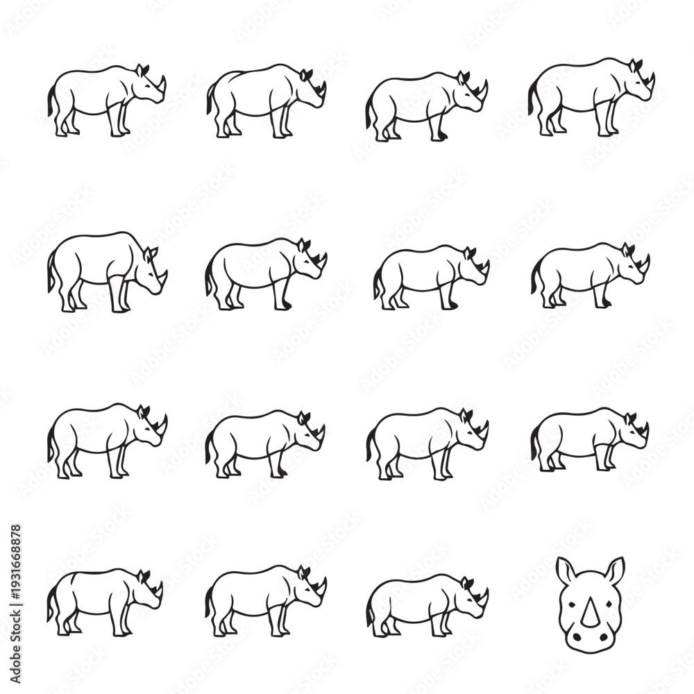 Fototapeta premium Rhino Icon Set Collection Different Poses Animal Wildlife Outline Simple Vector