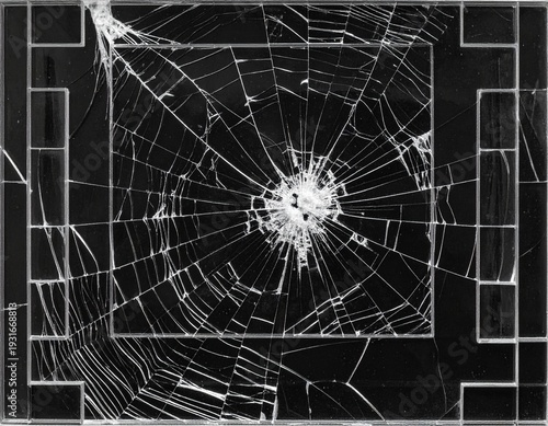 蜘蛛の巣状のひび割れが広がる衝撃を受けた割れたガラスのテクスチャ素材