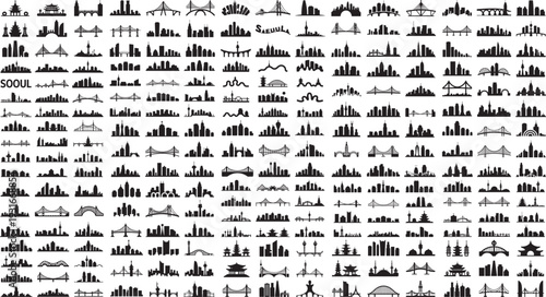 Collection of city skylines and bridges from around the world in silhouette  urban landscapes and architecture