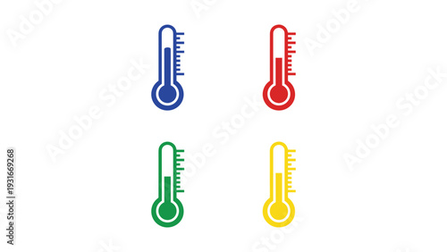 Four colorful thermometers indicating different temperature ranges and conditions