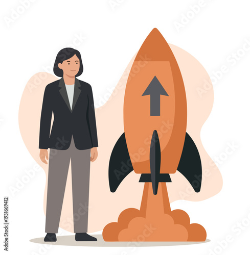 Startup innovation implementation by tiny people support rocket launch stock illustration