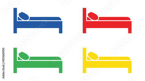 Four colorfully distinct beds with sleeping figures in a minimalist style