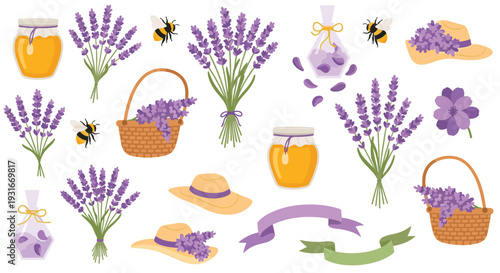 Charming Lavender Harvest Collection Featuring Bees Honey Jars Hats and Baskets for a Rustic Summer Theme