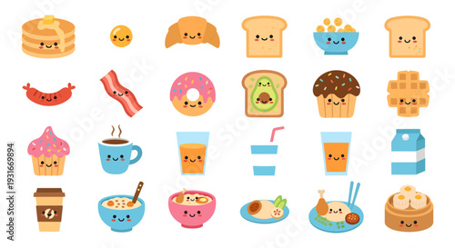 Cute Kawaii International Breakfast Food Vector Set: Pancakes, Eggs, Coffee, and Pastries