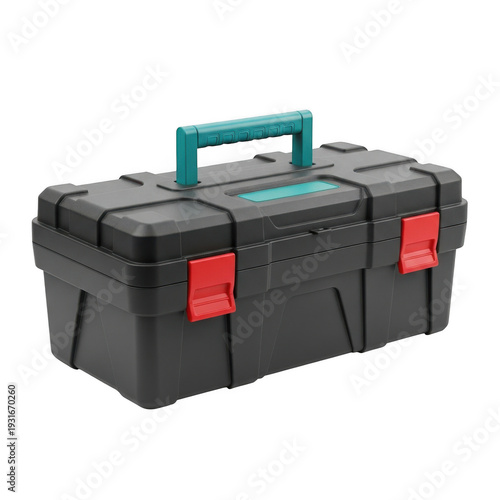 Black plastic toolbox with red latches and teal handle isolated on transparent background