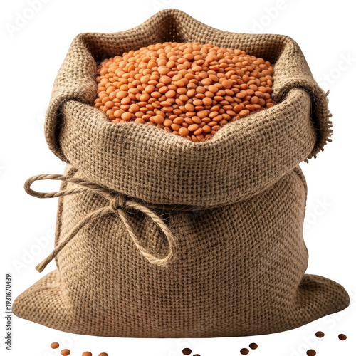 Burlap sack filled with red lentils isolated on transparent background