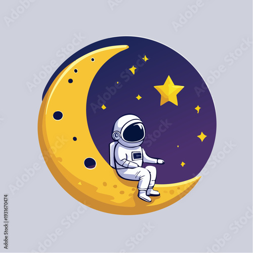 Charming Astronaut Sits on a Golden Crescent Moon, Gazing at a Bright Star in the Serene Night Sky