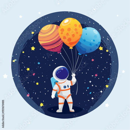 Whimsical astronaut drifts through a starlit galaxy, holding colorful balloons on an imaginative space journey